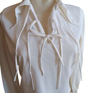Small Vintage White Long Sleeve Blouse Tie Neck & Elastic Cuffs 1970's Boho 1OF1
